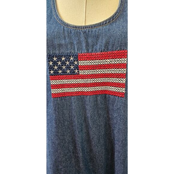 Blue Jean Denim Jumper Modest Maxi Dress Embroidered American flag Patriotic Med - Picture 3 of 5